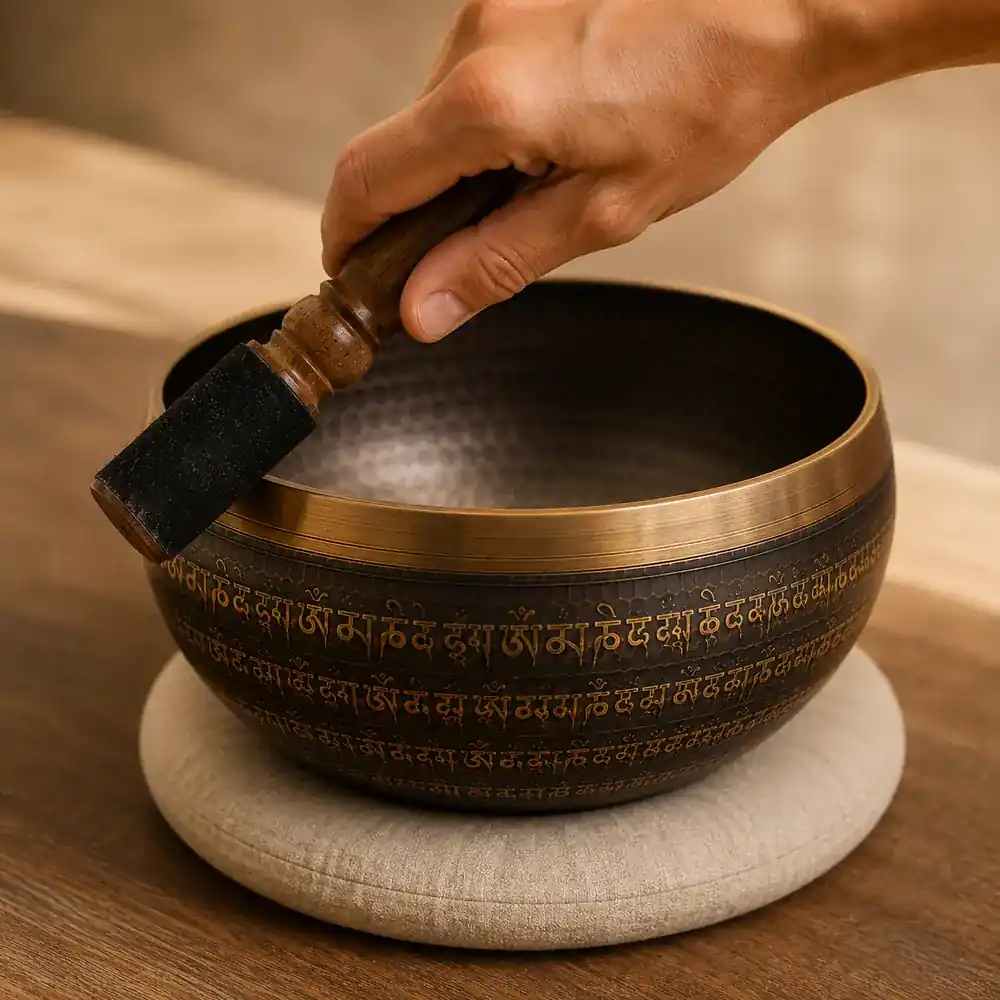 A hand circling the mallet around the outer rim of an engraved bronze singing bowl to build a continuous tone