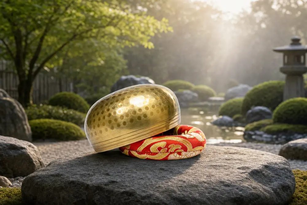 Brass singing bowl resting on a red cushion in a zen garden