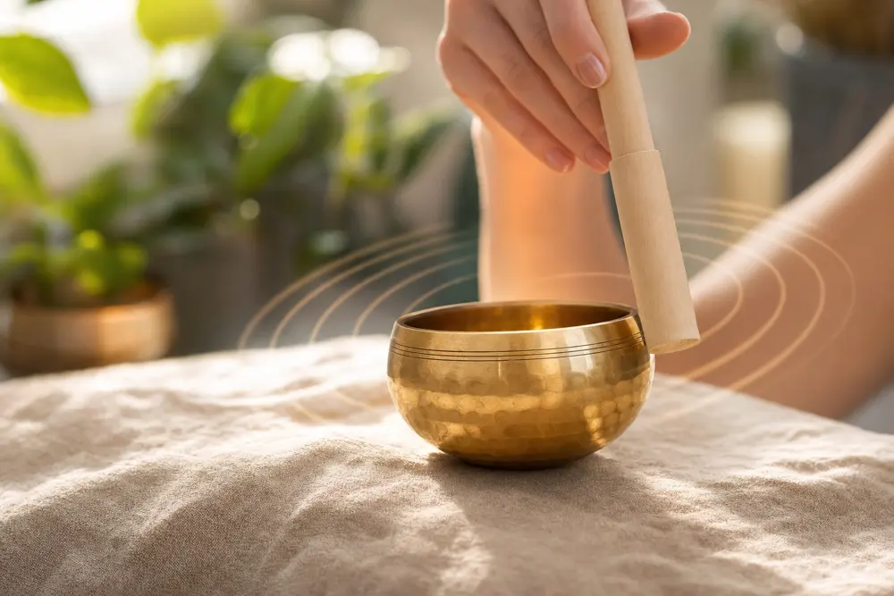 A hand circling the mallet around the rim of a brass singing bowl to make it sing
