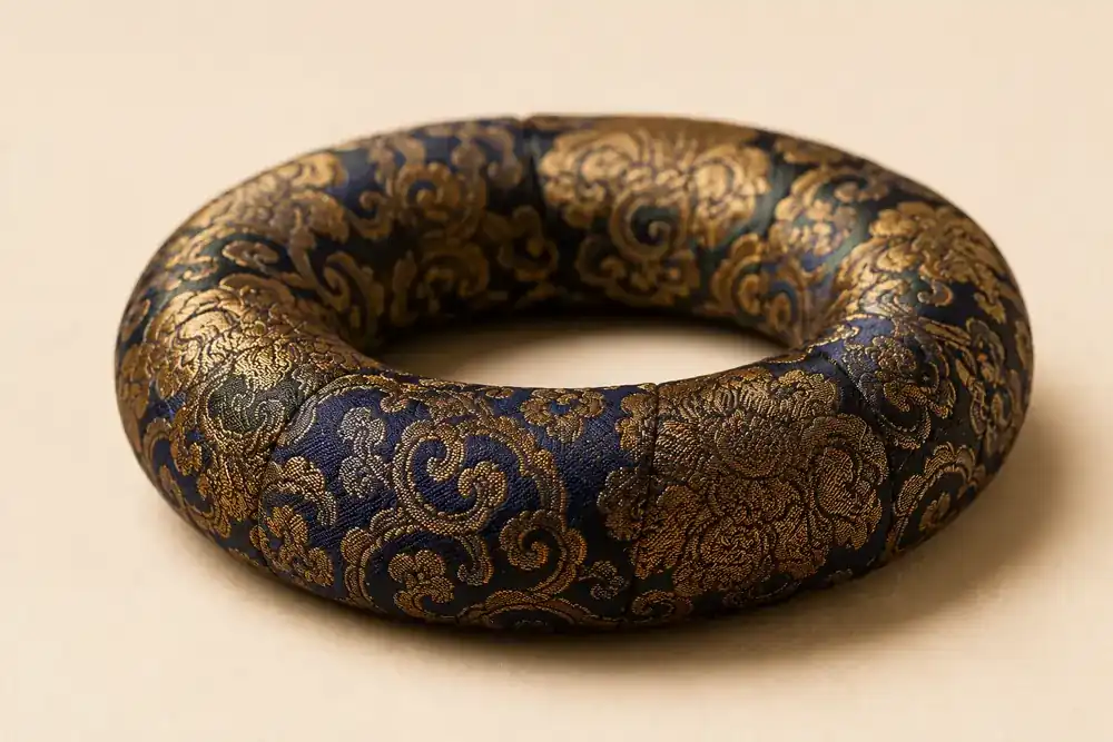 A brocade singing bowl cushion photographed alone, showing the ring shape the bowl sits in