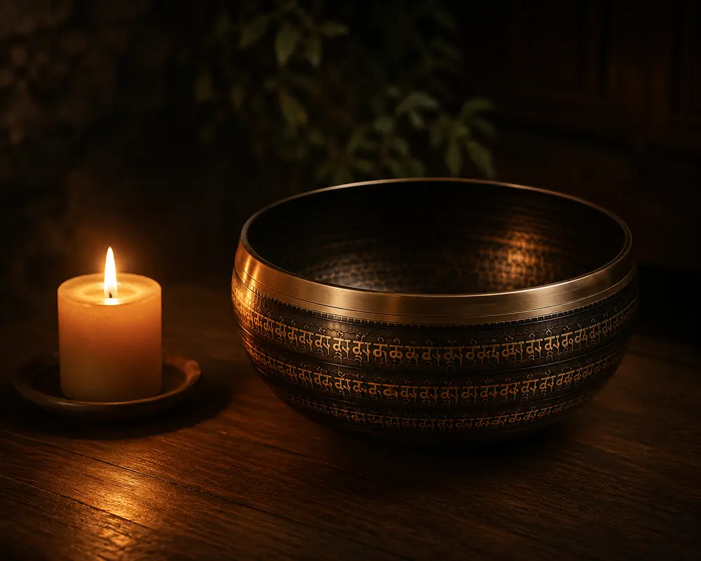 An engraved bronze singing bowl on a wooden table lit by a single candle in a darkened room