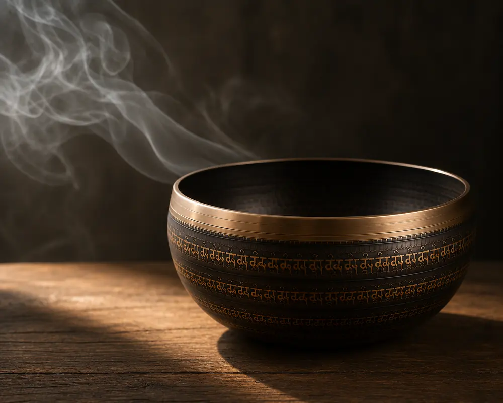 An engraved bronze singing bowl on a wooden table with a thread of incense smoke rising behind it