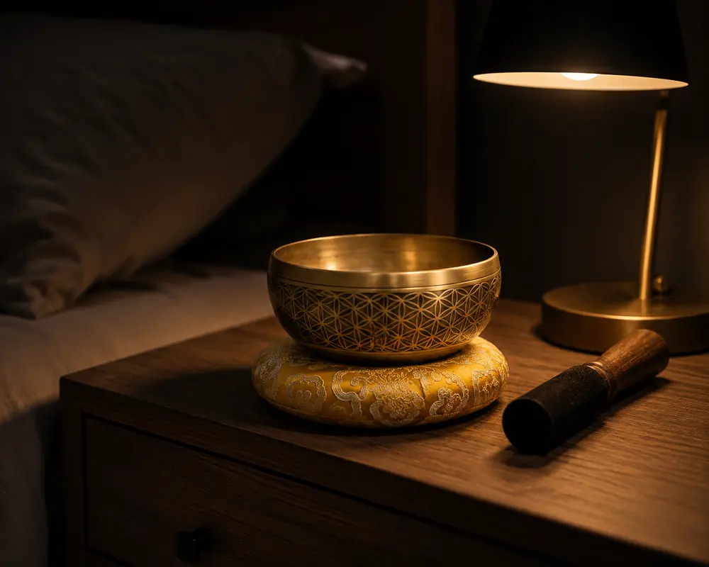 A singing bowl on its cushion on a bedside table in a dark room, lit by a single warm lamp