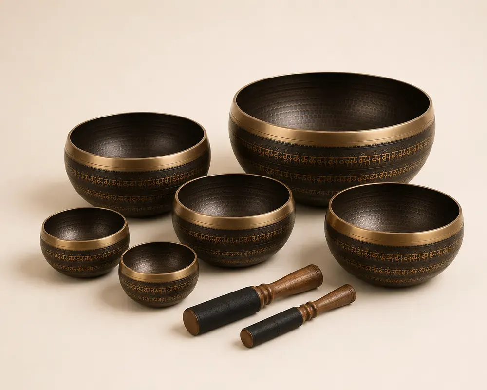 The Nadam range of engraved bronze singing bowls in ascending sizes, shown with two leather mallets on a cream background